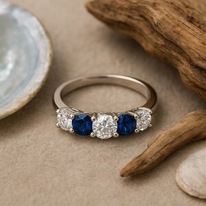 Sapphire Blue and Clear CZ 5-Stone Ring | 925 Silver Stackable EUC 8 #352-353